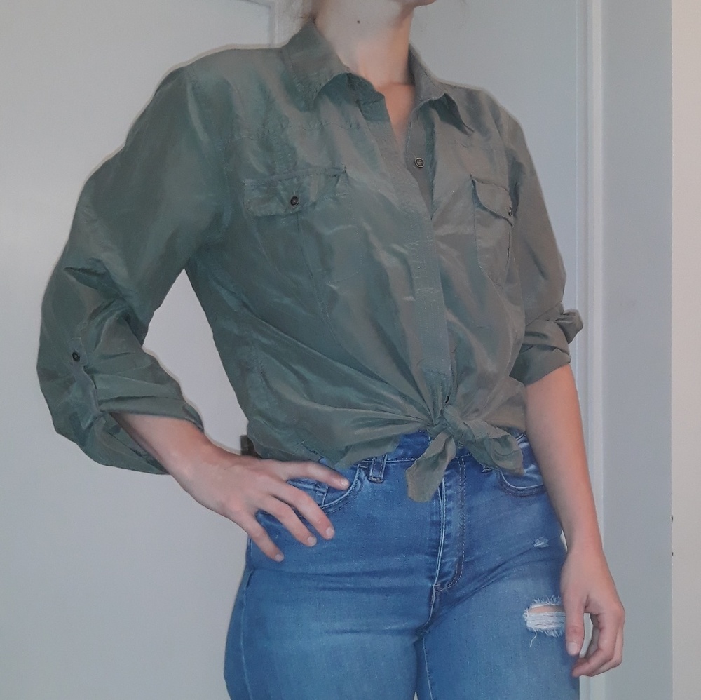 CHICOS olive green button down